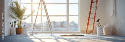 Room under renovation with painting tools, captured as a design moment. photo