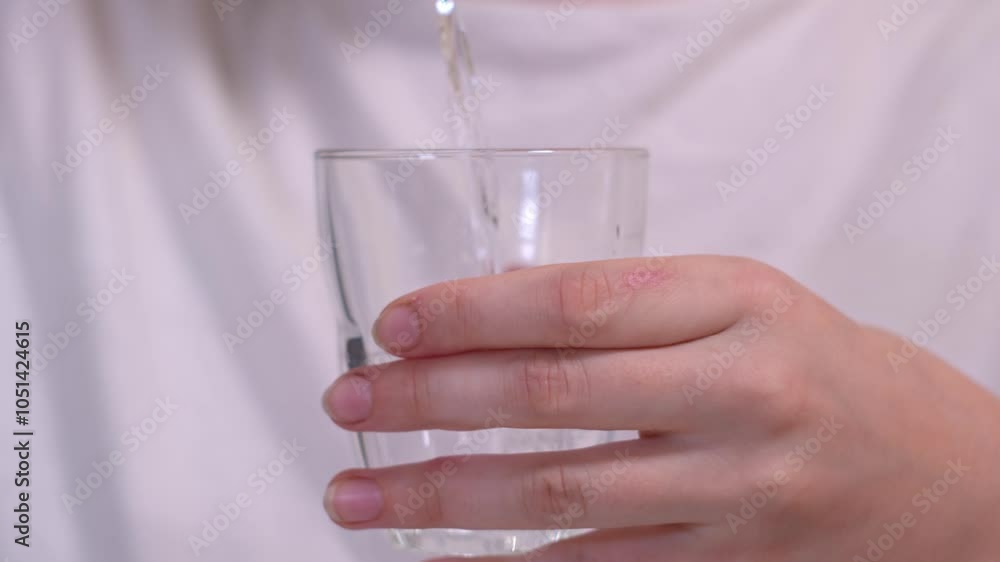Close up of female hand holding glass that fills with water. Shallow focus Close up of female hand holding glass that fills with water. Shallow focus