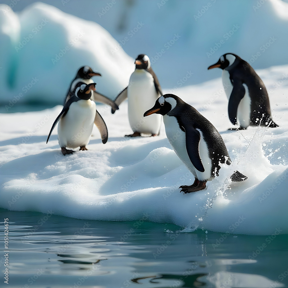 Fototapeta premium A group of clumsy penguins tries to surf on icebergs, with one penguin making a splash as it hilariously tumbles into the water