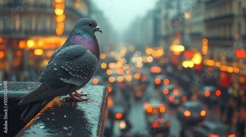 A lone pigeon sits on a ledge overlooking a busy Parisian street at dusk. The city lights create a warm glow in the background