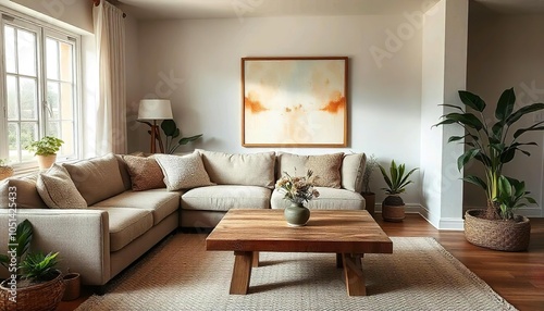 Scandinavian cozy living room with beige syllabic sofa, wooden coffee table and potted plants. The room has a simple and natural décor style with wall art. photo