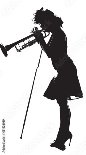 A woman playing Trombone silhouette isolated on white background