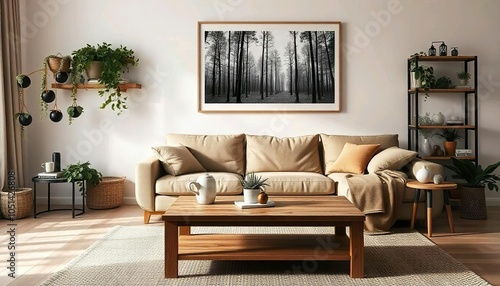 Scandinavian cozy living room with beige syllabic sofa, wooden coffee table and potted plants. The room has a simple and natural décor style with wall art. photo