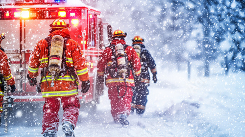 Dramatic scene of firefighters in snow, responding to emergency with determination and teamwork. snowy environment adds urgency to their mission