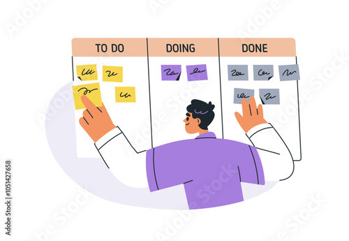 Task management with kanban planning board. Man tracking, controlling completion progress with notes. Work organization, productivity concept. Flat vector illustration isolated on white background