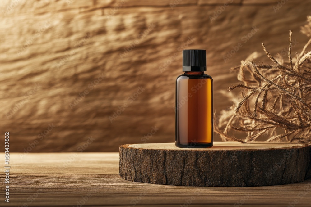 Essential oil bottle on wooden surface with natural background and decorative elements. Essential oil bottle on wooden surface with natural background and decorative elements.