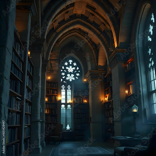 A magical library filled with floating books, enchanting lights,
