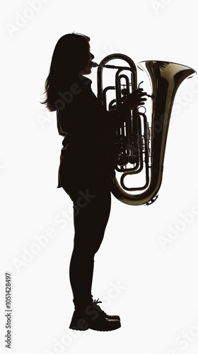 A woman playing Tuba silhouette isolated on white background