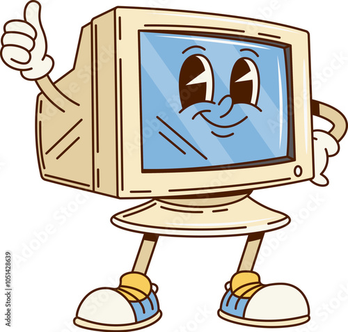 Groovy retro computer monitor display character with funny face, cartoon vector. Groovy funky old desktop monitor or PC computer display with happy smile and thumb up for retro cartoon character