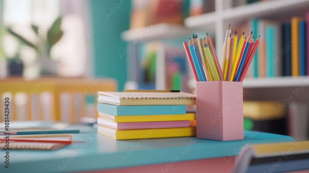 Stack of school supplies on a desk, back-to-school concept Stack of school supplies on a desk, back-to-school concept