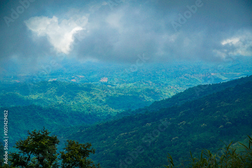 A misty mountain landscape with lush greenery.