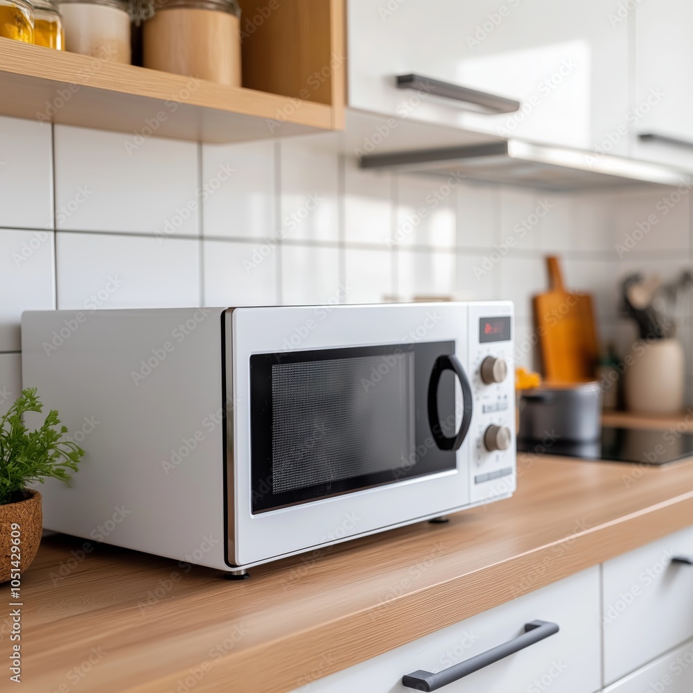 Fototapeta premium Close-Up of Microwave Oven in a Modern, Stylish, and Tidy Kitchen Setting
