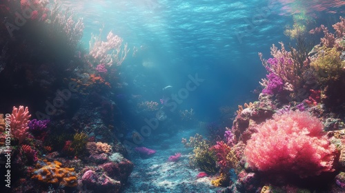 Vibrant coral reef underwater with sunbeams shining through.