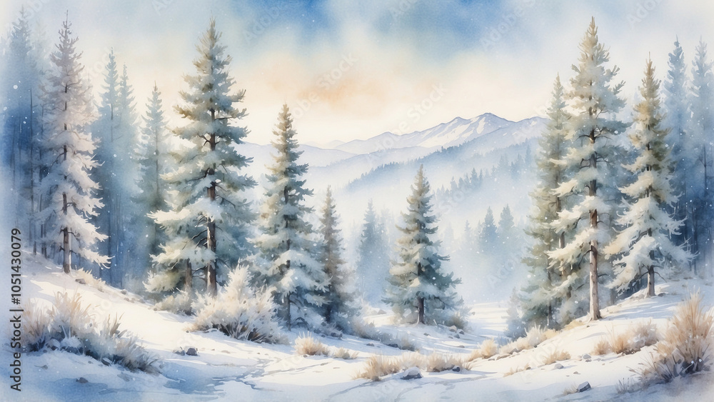 Fototapeta premium Winter landscape with snow-covered trees and mountains in a serene and peaceful atmosphere
