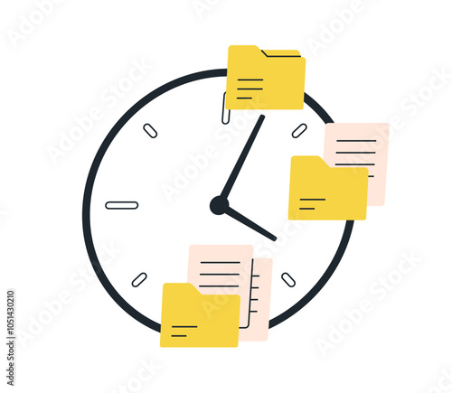 Time and task management concept. Business organization, schedule, work plan, notifications on clock, sticky notes, memo reminders on watch. Flat vector illustration isolated on white background