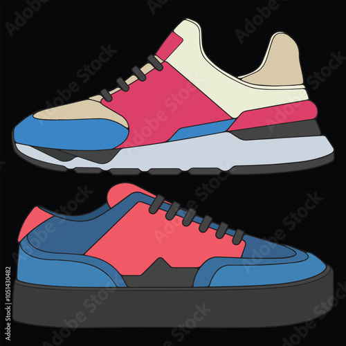 Bundling set vector sneakers shoes for training, sneakers shoe vector illustration. Sneakers color full.
