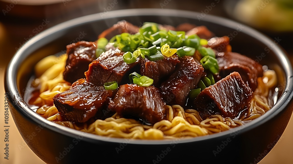Hot Beef Noodle Soup with Flavorful Broth and Garnished with Fresh Green Onion in Black Bowl : Generative AI Hot Beef Noodle Soup with Flavorful Broth and Garnished with Fresh Green Onion in Black Bowl : Generative AI