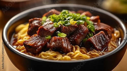 Hot Beef Noodle Soup with Flavorful Broth and Garnished with Fresh Green Onion in Black Bowl : Generative AI