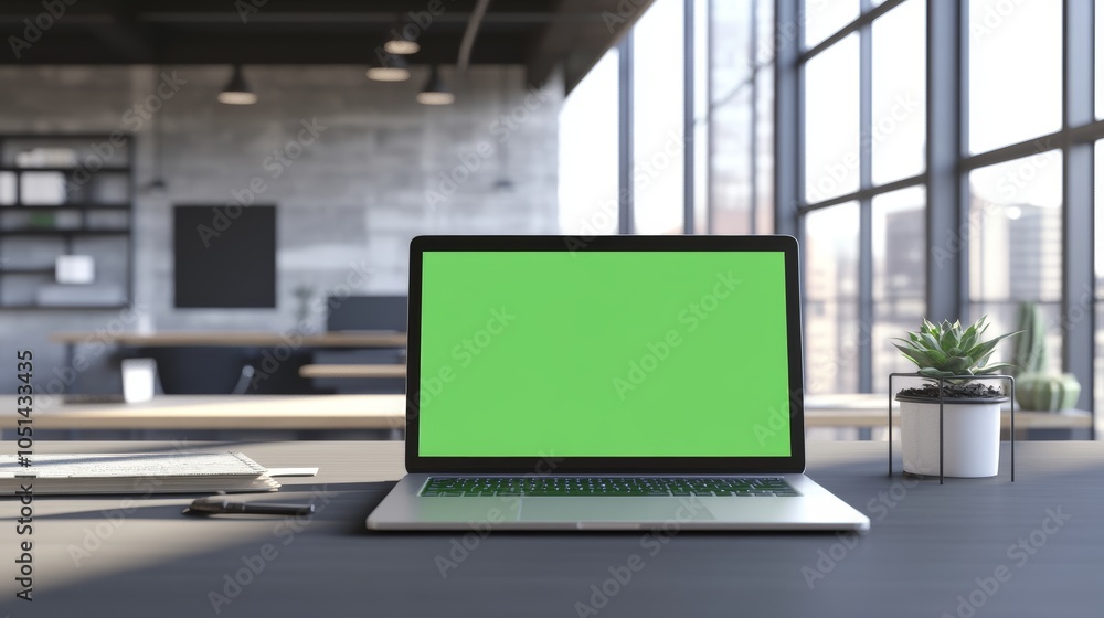 Modern Office Desk with Laptop Green Screen Mockup Modern Office Desk with Laptop Green Screen Mockup