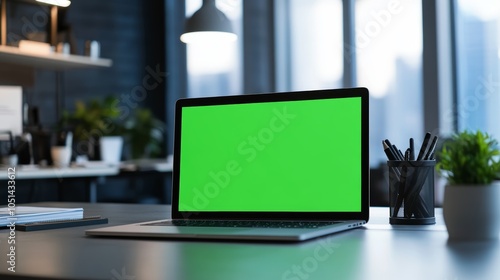 Wallpaper Mural Modern Office Desk with Laptop Mockup and Green Screen Torontodigital.ca