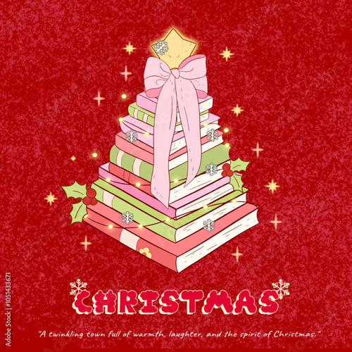 Christmas Book Tree, Christmas Gift, Christmas bookish clipart Groovy bookish, School Christmas, teacher gift shirt, Trendy Book lover, decorated, blog, bookstore, cartoon, ribbon, tower, ornament, 