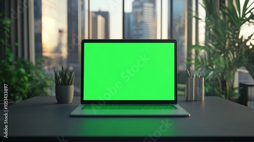 Green Screen Laptop on Modern Desk in Office with City View