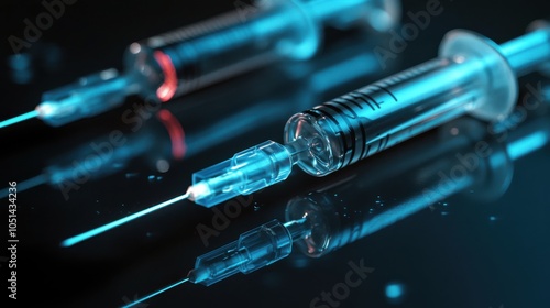 Close-up of syringes with needles on reflective surface