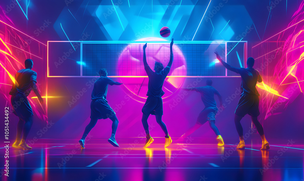 Dynamic Volleyball Action with Neon Lights and Abstract Geometric Patterns for Futuristic Sports Branding Dynamic Volleyball Action with Neon Lights and Abstract Geometric Patterns for Futuristic Sports Branding