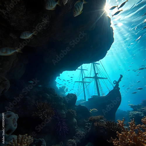 A serene underwater scene featuring vibrant coral reefs, schools of fish, and a sunken pirate ship, photo