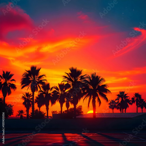 A synthwave-style scene showcasing a vibrant neon sunset, silhouetted palm trees,