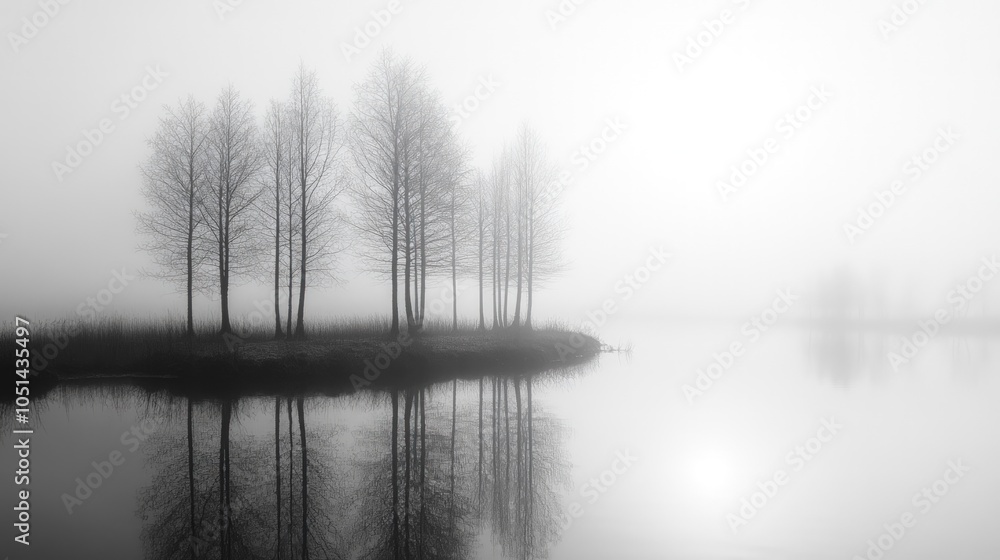 Obraz premium A group of trees stand in a misty lake, creating a serene and mysterious atmosphere.
