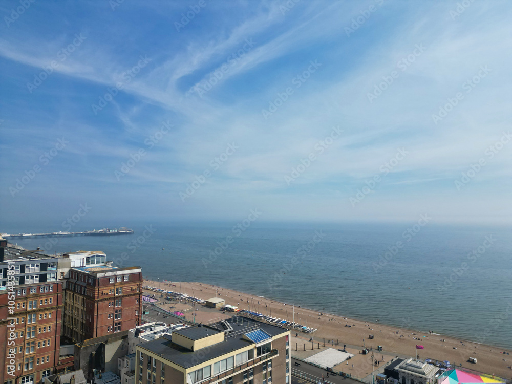 High Angle View of Most Beautiful and Attractive British Tourist Attraction of Brighton seaside resort and Beach City of East Sussex, England GB. Footage Captured with Drone's Camera on May 9th, 2024 High Angle View of Most Beautiful and Attractive British Tourist Attraction of Brighton seaside resort and Beach City of East Sussex, England GB. Footage Captured with Drone's Camera on May 9th, 2024