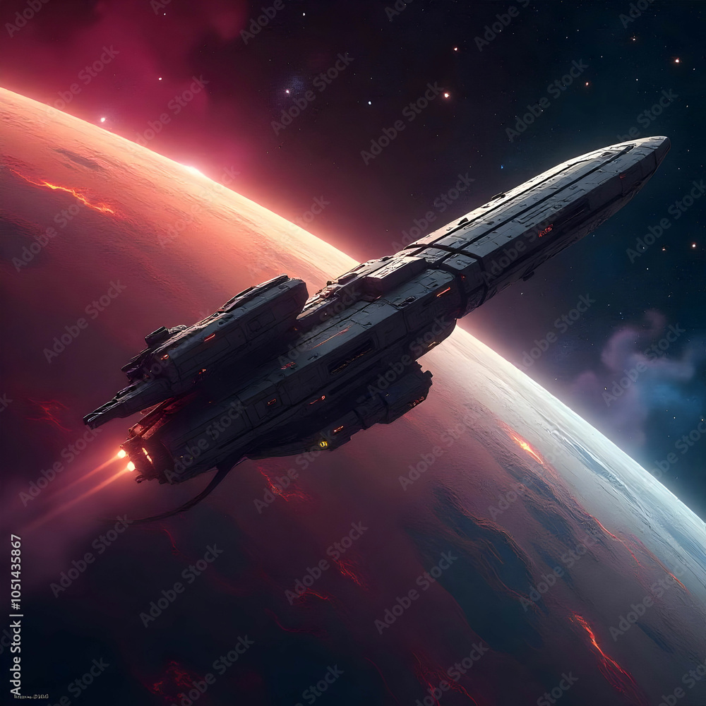 Obraz premium A space station orbits a distant planet, surrounded by colorful nebulas and twinkling stars,