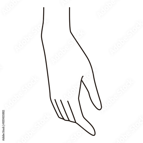 Minimalist outline of a female hand in a relaxed downward position with gently curved fingers, ideal for fashion design, illustration, and anatomical reference.

