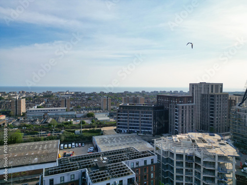 High Angle View of Most Beautiful and Attractive British Tourist Attraction of Brighton seaside resort and Beach City of East Sussex, England GB. Footage Captured with Drone's Camera on May 9th, 2024 photo