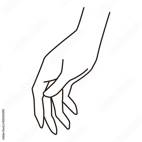 Outline of a female hand in a relaxed downward position with slightly bent fingers, suitable for fashion design, illustration, and anatomical reference.

