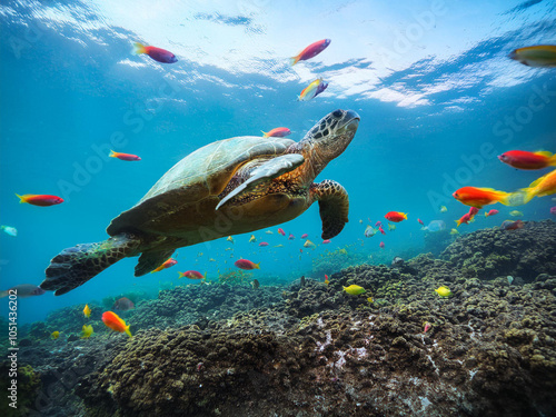 Underwater photo of a swimming Galapagos tortoise with small colorful fish