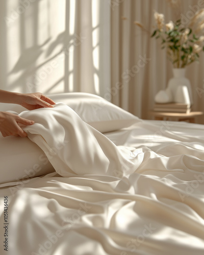 A woman pulling a fresh white fitted sheet over the mattress, arranging it snugly on the bed. photo