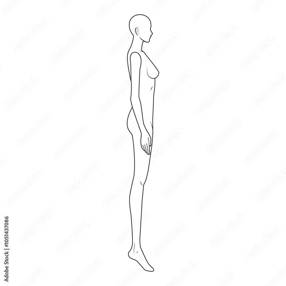 Minimalist side view line drawing of a female figure, perfect for anatomy, design, and fashion use.
Minimalist side view line drawing of a female figure, perfect for anatomy, design, and fashion use.