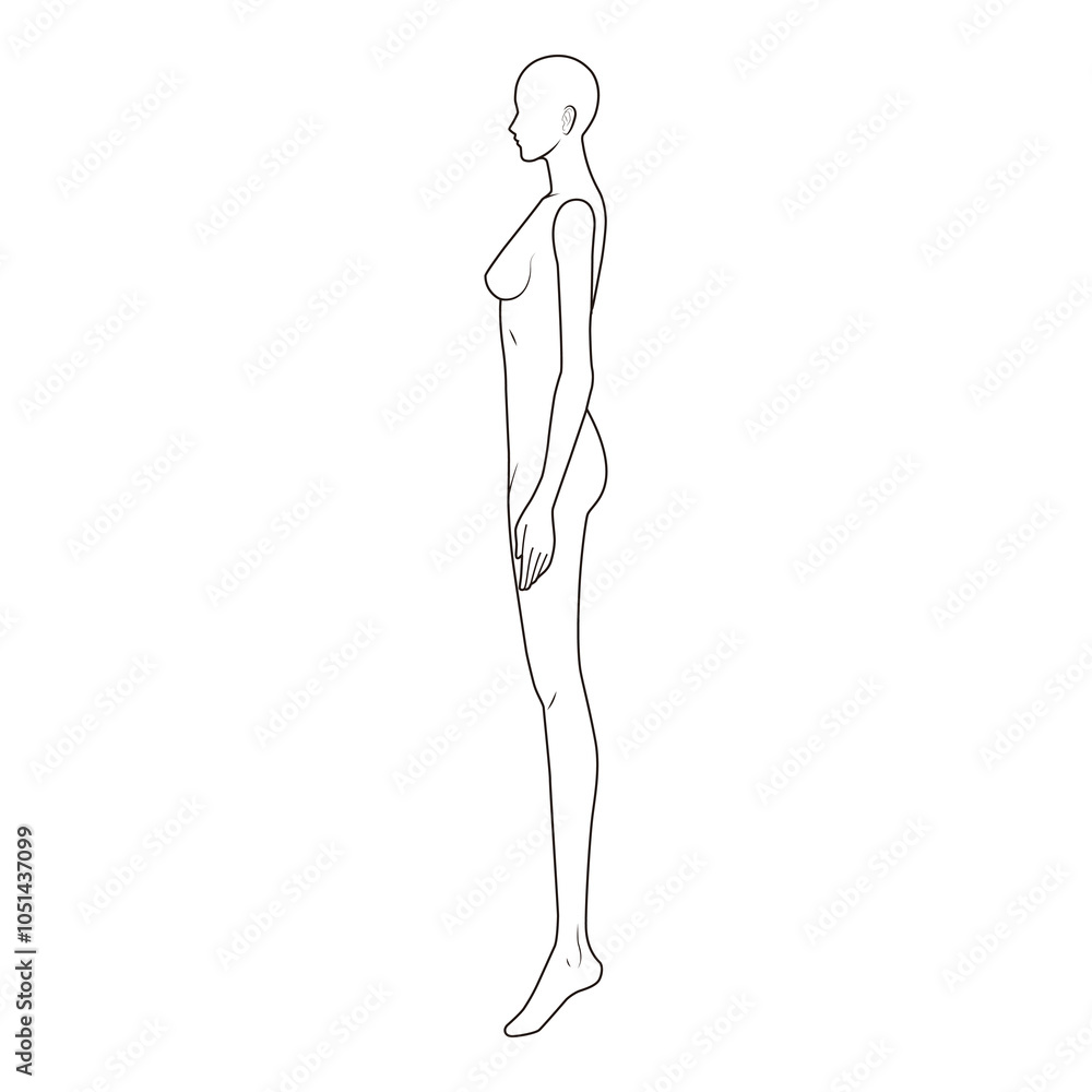 Minimalist line drawing of a female figure in a side profile, ideal for fashion design and anatomical illustration.
Minimalist line drawing of a female figure in a side profile, ideal for fashion design and anatomical illustration.