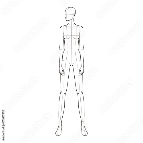 Minimalist technical drawing of a female figure with proportional guides, front view, suitable for fashion design and anatomy references.
