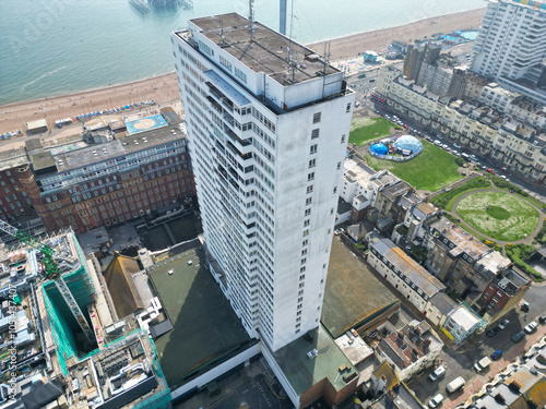 High Angle View of Most Beautiful and Attractive British Tourist Attraction of Brighton seaside resort and Beach City of East Sussex, England GB. Footage Captured with Drone's Camera on May 9th, 2024 photo