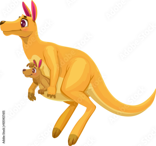 Cartoon funny kangaroo mother with cute happy baby in bag, vector animal character. Kangaroo mother jumping with funny kid in bag, Australian animal for kids zoo collection or t-shirt print