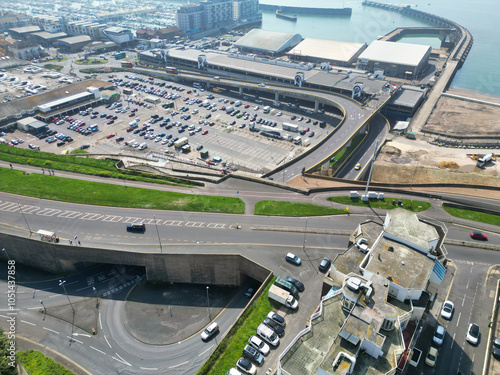 High Angle View of Most Beautiful and Attractive British Tourist Attraction of Brighton seaside resort and Beach City of East Sussex, England GB. Footage Captured with Drone's Camera on May 9th, 2024 photo