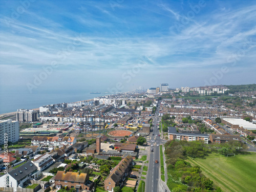 High Angle View of Most Beautiful and Attractive British Tourist Attraction of Brighton seaside resort and Beach City of East Sussex, England GB. Footage Captured with Drone's Camera on May 9th, 2024