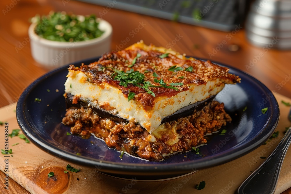 A vibrant plate of moussaka, layered with eggplant, minced meat, and bechamel sauce, garnished with fresh parsley. A vibrant plate of moussaka, layered with eggplant, minced meat, and bechamel sauce, garnished with fresh parsley.