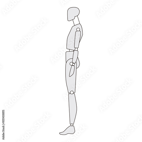 Side view of a technical flat mannequin with articulated joints, highlighting segmented body structure and human proportions in a minimalist outline style.
