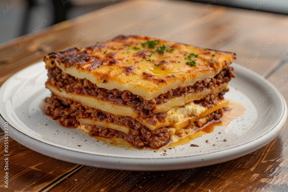 A vibrant plate of moussaka, layered with eggplant, minced meat, and bechamel sauce, garnished with fresh parsley. A vibrant plate of moussaka, layered with eggplant, minced meat, and bechamel sauce, garnished with fresh parsley.