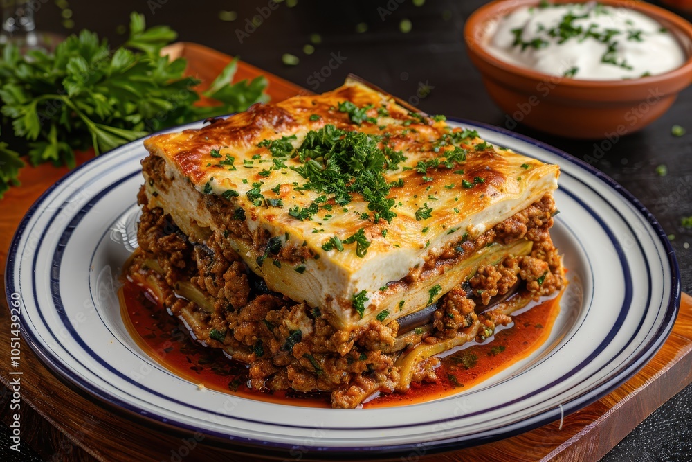 A vibrant plate of moussaka, layered with eggplant, minced meat, and bechamel sauce, garnished with fresh parsley. A vibrant plate of moussaka, layered with eggplant, minced meat, and bechamel sauce, garnished with fresh parsley.