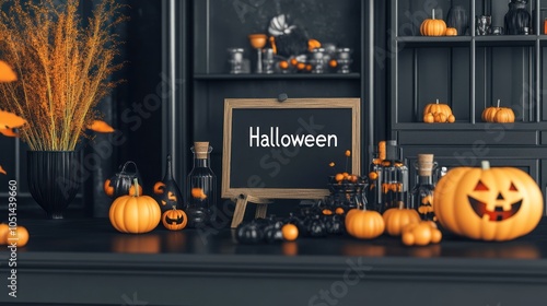 Elegant Halloween theme with pumpkins and dark tones. photo